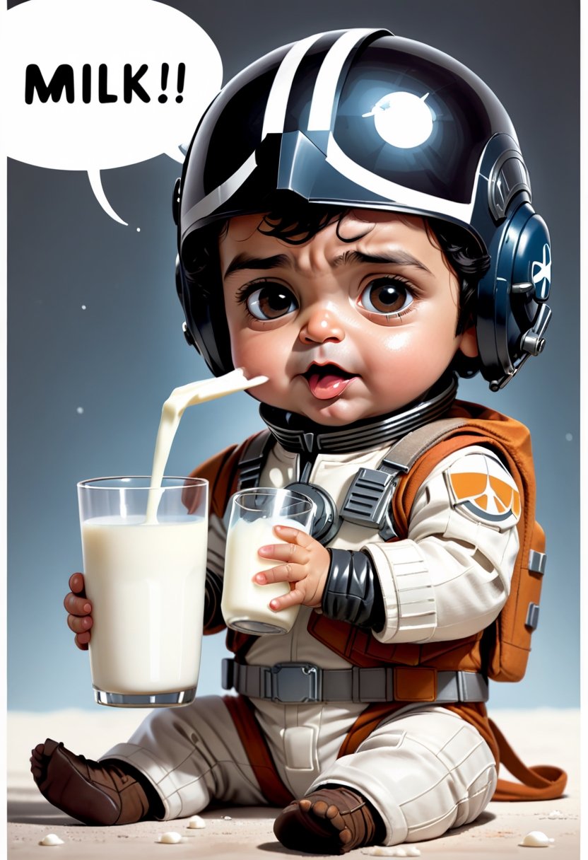 Baby Poe Dameron in pilot suit and helmet, drinking milk ,  Comic strip speech bubble "MILK!". 