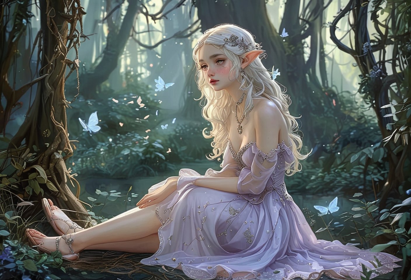 wide shot from above sitting, between the legs, arm at side, head tilt, (enchanting elf with long pointed ears) young woman, slender build, high elf, fair skin, golden eyes, wavy hair, wearing a soft lavender luxurious elven dress , satin ballet shoes with ethereal motifs, elven ear cuffs, moonstone ring, silver eyeliner, leaf-shaped brooch, set in an otherworldly enchanted forest, with glowing plants, magical creatures, and an enchanting ambiance , in the moonlight