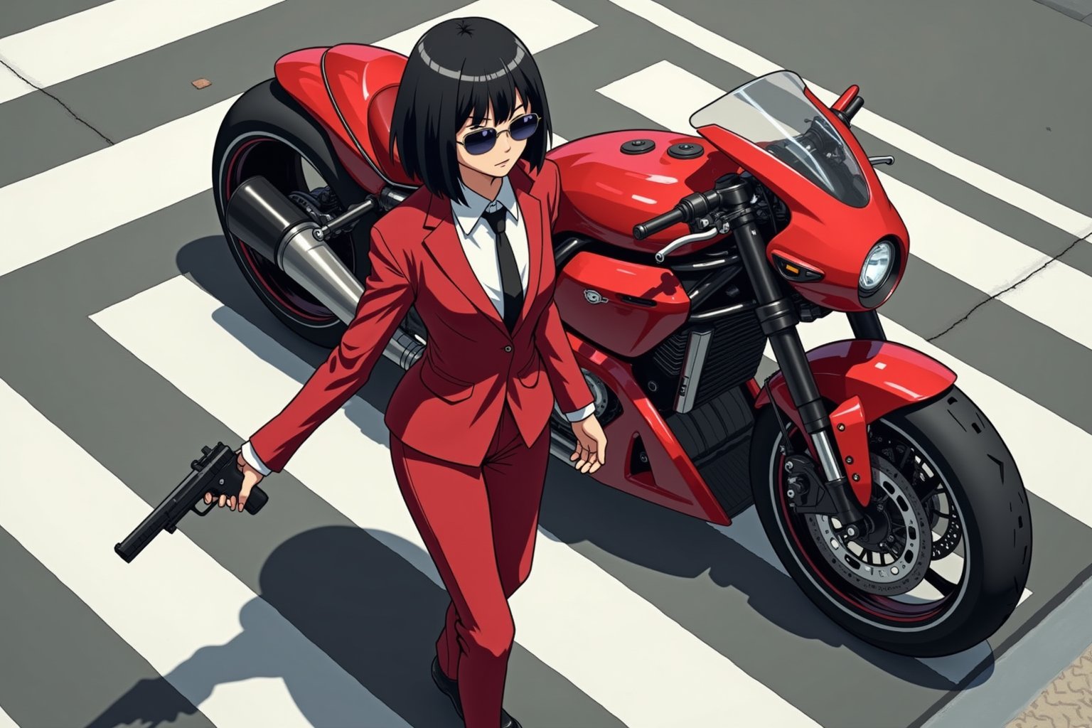 Anime style. Overhead shot of an Asian woman walking away from a futuristic motorcycle parked at a zebra crossing. The woman has bob hair, is smoking. She wear a red business suit, white shirt, black tie, and sunglasses. She holds a gun with a confident grip. The motorcycle itself is red, sleek and metallic, with intricate designs and a futuristic vibe.