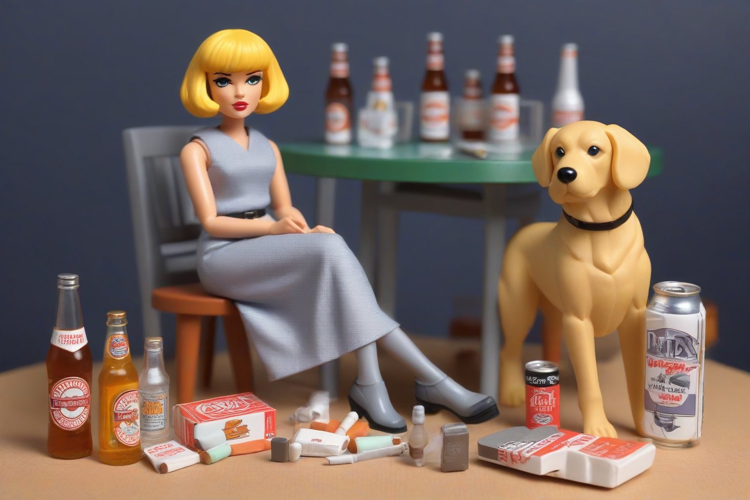 Action figure toy of a blonde female with bob haircut, smoking, wearing Mary Quant dress, grey tights flat shoes. Background is the toy box with label "Patxi", pack of cigarettes , big dog white retriever, accessory and bottles of beer, sitting next to a round table bar