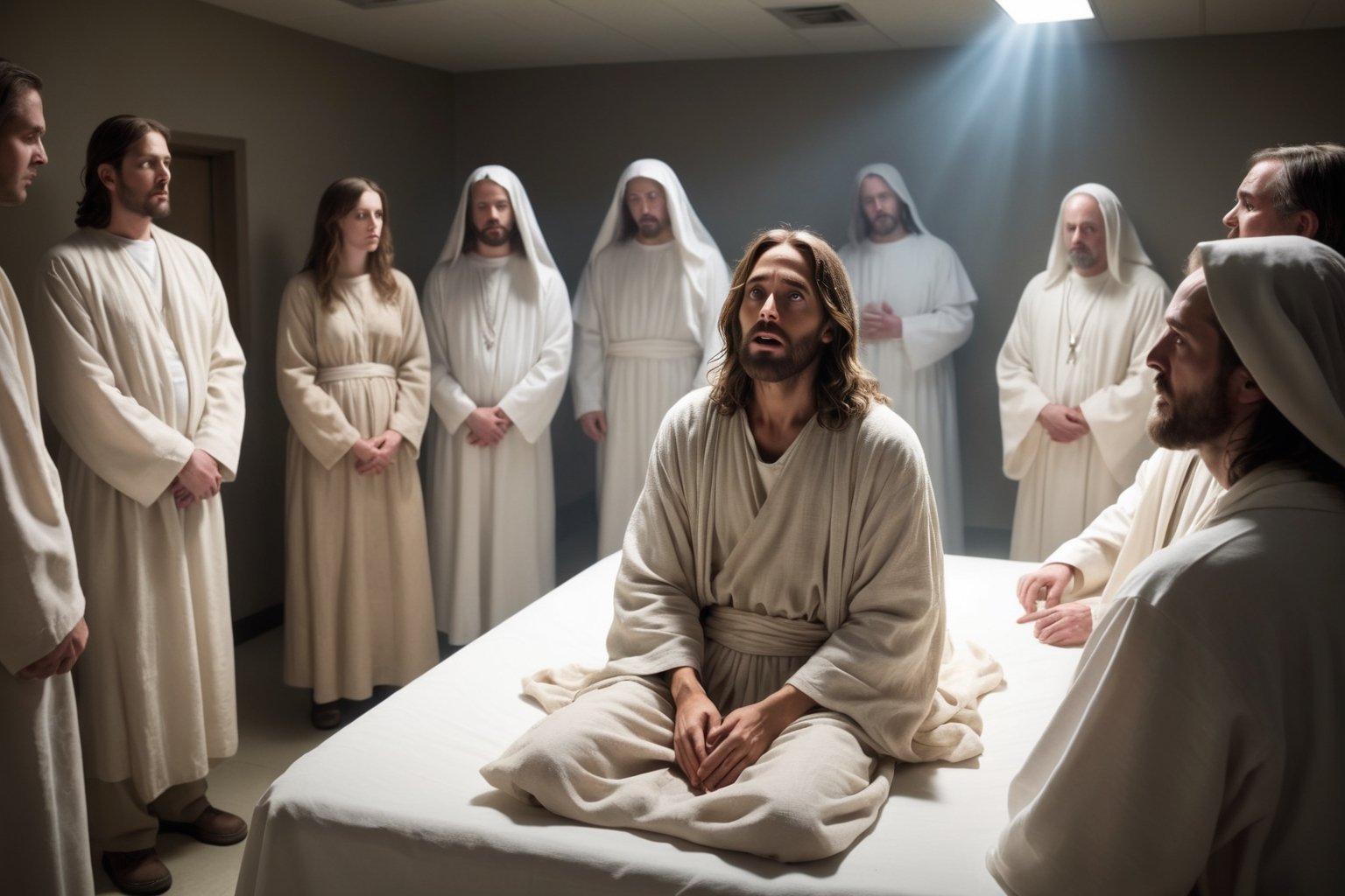 A dramatic scene of Jesus, wrapped in white linen, sitting up abruptly in a dimly lit mortuary. His eyes are wide with surprise as those around him, including clergy and medical personnel, stare in shock. There's an ethereal glow around Jesus and the room, adding to the sense of wonder and amazement. The atmosphere is tense, with a mixture of fear and awe radiating from the onlookers.