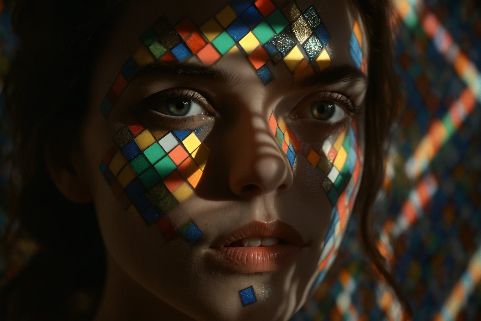 cinematic film still of a cucoloris patterned illumination casting a horizontal rectangle strip shadow on  mosaic princess with a horizontal shadow on her faces,