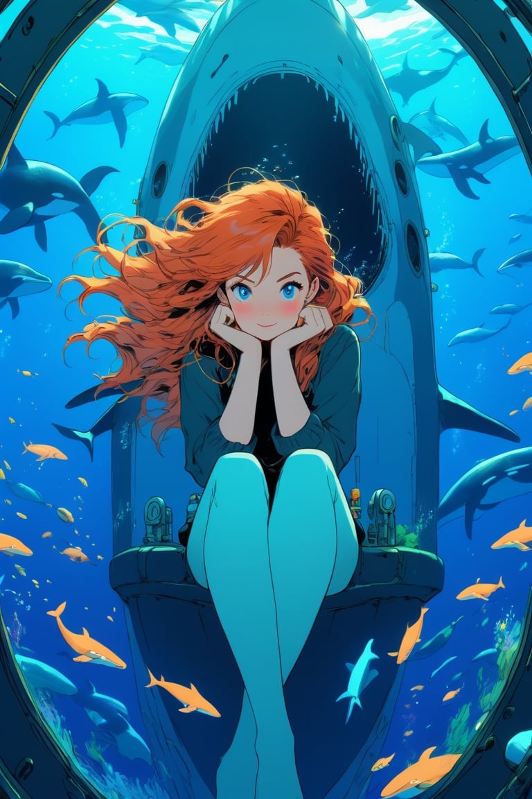 anime artwork, Woman, ginger hair, sitting beside a large port hole, inside a submarine, underwater scene, whales, anime style, key visual, vibrant, studio anime, highly detailed