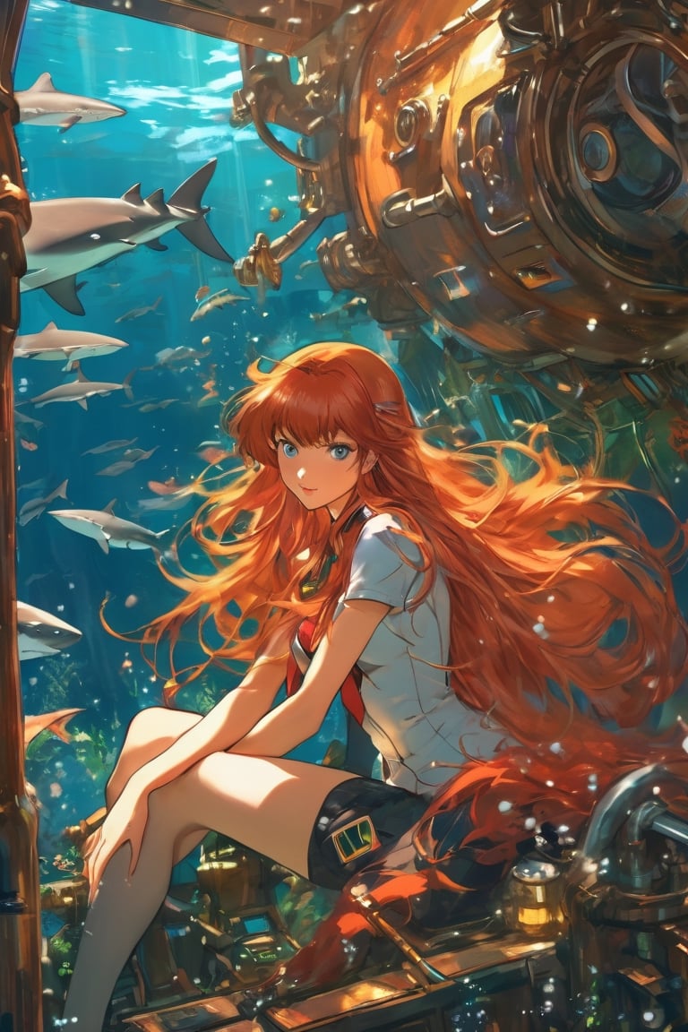 anime artwork, Asuka Langley Soryu, sitting beside a large port hole, inside a submarine, underwater scene, sharks, art by J.C. Leyendecker . anime style, key visual, vibrant, studio anime, highly detailed, ClassipeintXL,LaxpeintXL