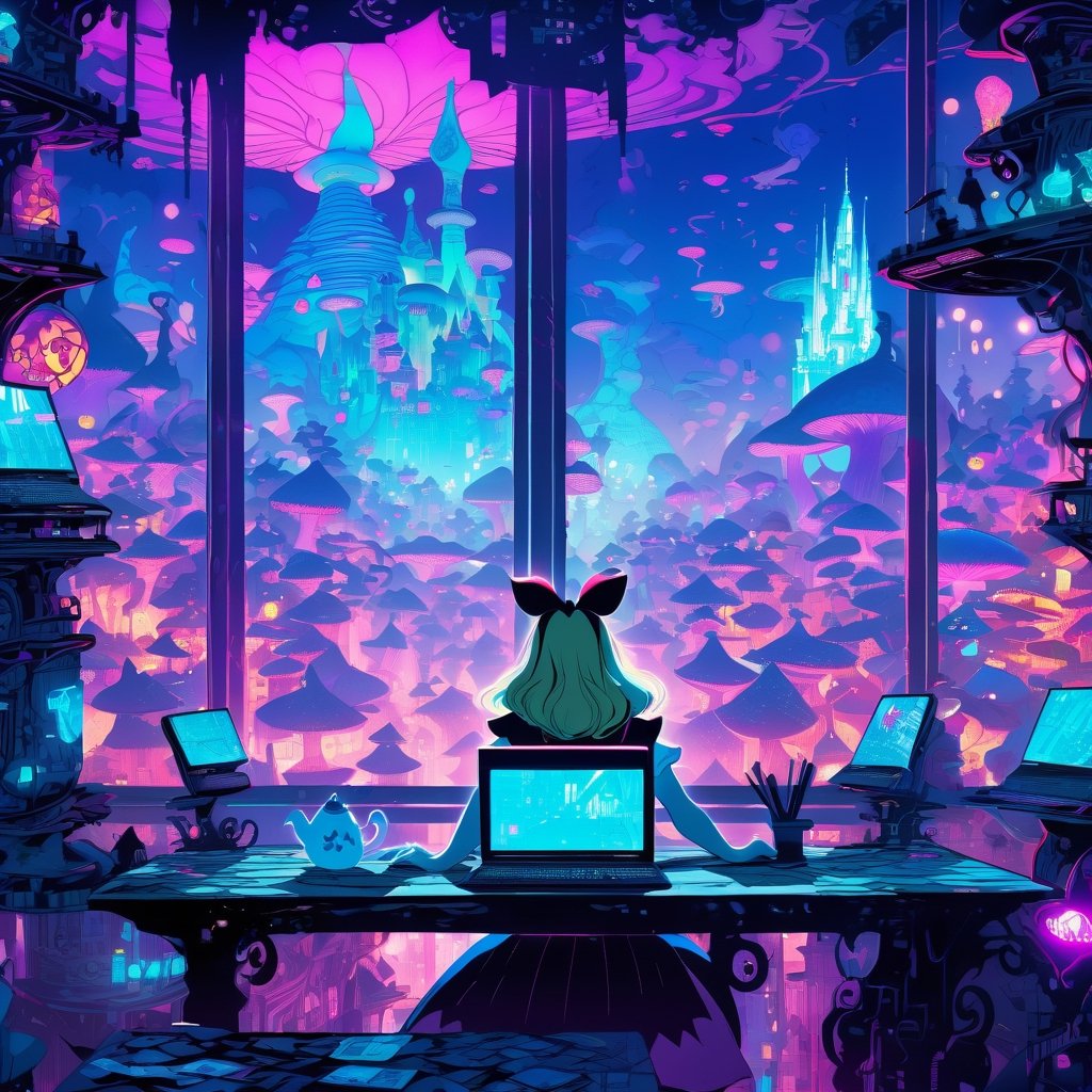 Disney Alice in Wonderland, hacking on a computer. Large window, cyberpunk cityscape.  