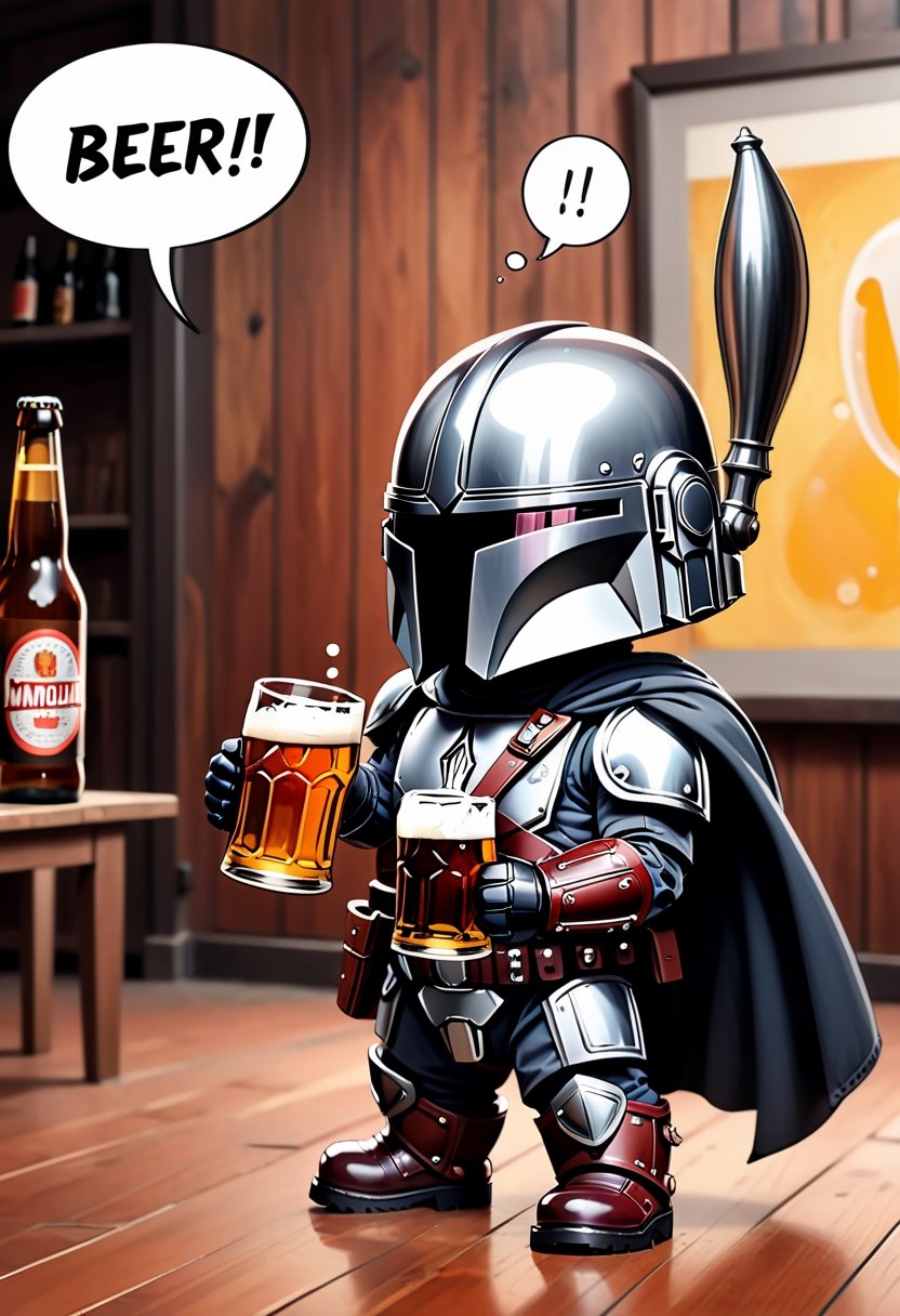 The Mandalorian as a Baby, drinking beer ,  Comic strip speech bubble says "BEER!". 