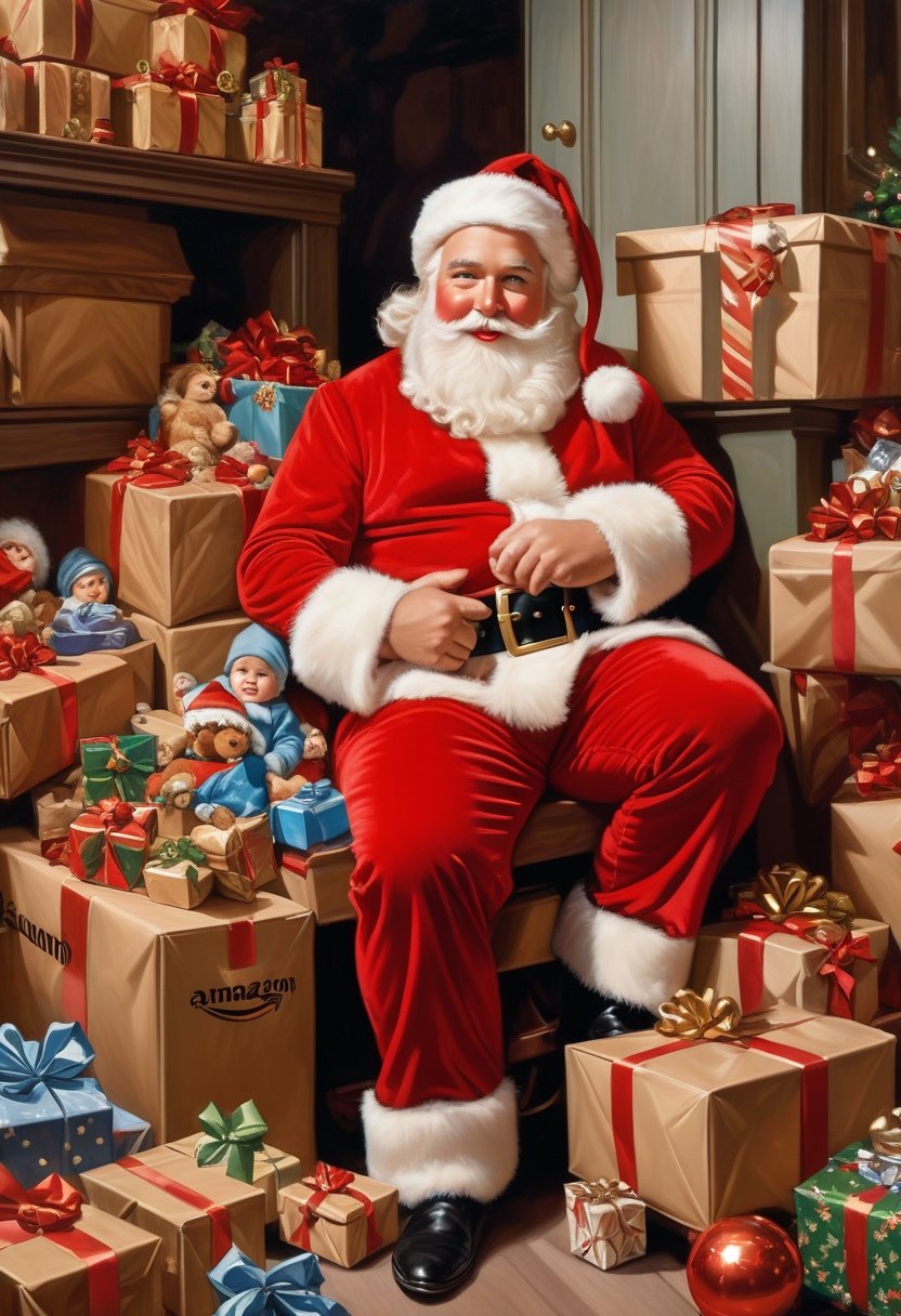 Photo a Santa Claus as Amazon Delivery truck driver, pile of toys behind him, art by J.C. Leyendecker, Canon 5d Mark 4, Kodak Ektar