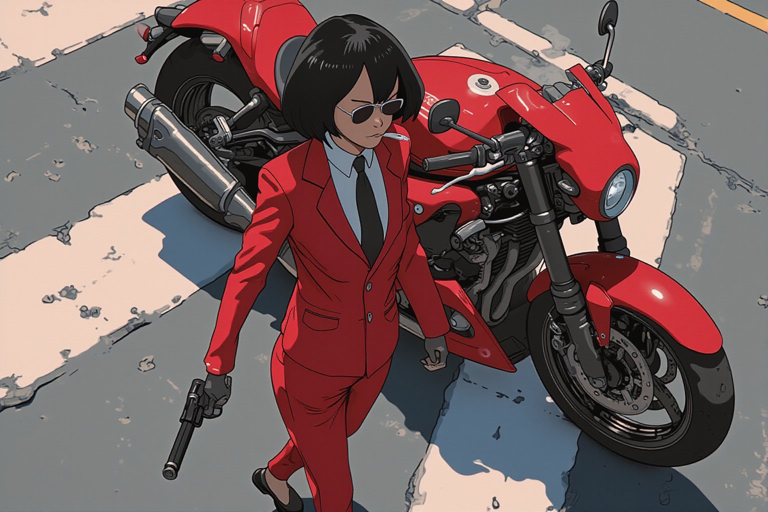 Anime style. Overhead shot of an Asian woman walking away from a futuristic motorcycle parked at a zebra crossing. The woman has bob hair, is smoking. She wear a red business suit, white shirt, black tie, and sunglasses. She holds a gun with a confident grip. The motorcycle itself is red, sleek and metallic, with intricate designs and a futuristic vibe.