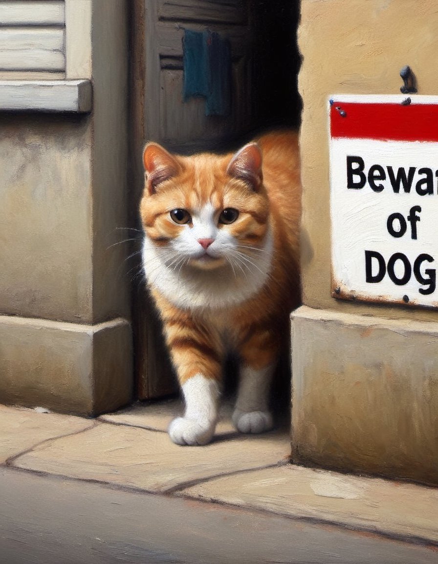 Candid Street photo of a cat hiding behind a sign that says "Beware of dog",oil painting