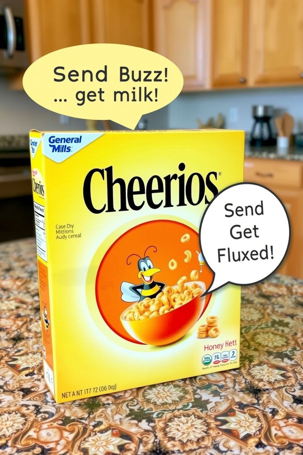 General Mills 'Honey Nut Cheerios' cereal box sitting on a kitchen table. The box is prominently displayed in the center of the table, featuring the iconic orange and yellow colors with the bee mascot and a bowl of Cheerios on the front. There is a speech bubbled that say 'Send Buzz!  Get Fluxed!'