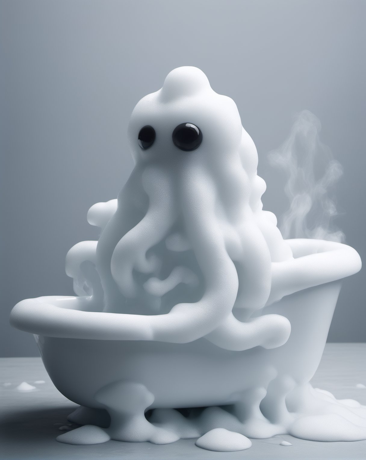 Photo of cute eldritch monster , made out of bath foam, taking a bath , Victorian style bath tub