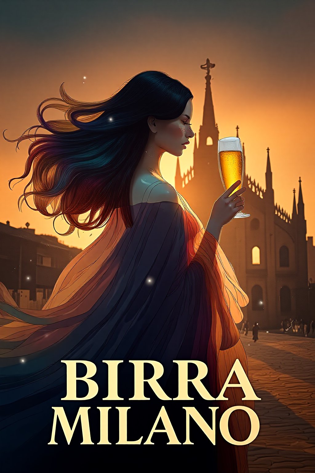 3d octane render. dreamy art. advertisement for 'Birra Milano.' The poster features a dark-haired woman with flowing rainbow colored hair, wrapped in a flowing, ethereal gown. She holds a tall glass of beer with elegance. The background showcases a silhouette of the iconic Milan Cathedral at sunset, with a warm orange and golden sky fading into darker tones. The large, bold text at the bottom reads 'BIRRA MILANO' in a classic font, complementing the overall artistic and elegant aesthetic of the poster.