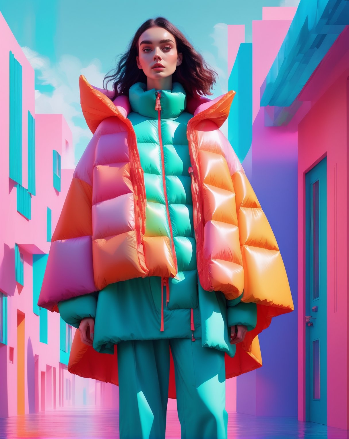 a woman wearing a poncho oversized puffer jacket, inspired by OffWhite, tumblr, inspired by Yanjun Cheng style, digital art, lofi girl internet meme, trending on dezeen, catalog photo, 3d render beeple, rhads and lois van baarle, bright vibrant colors, a beautiful artwork illustration 