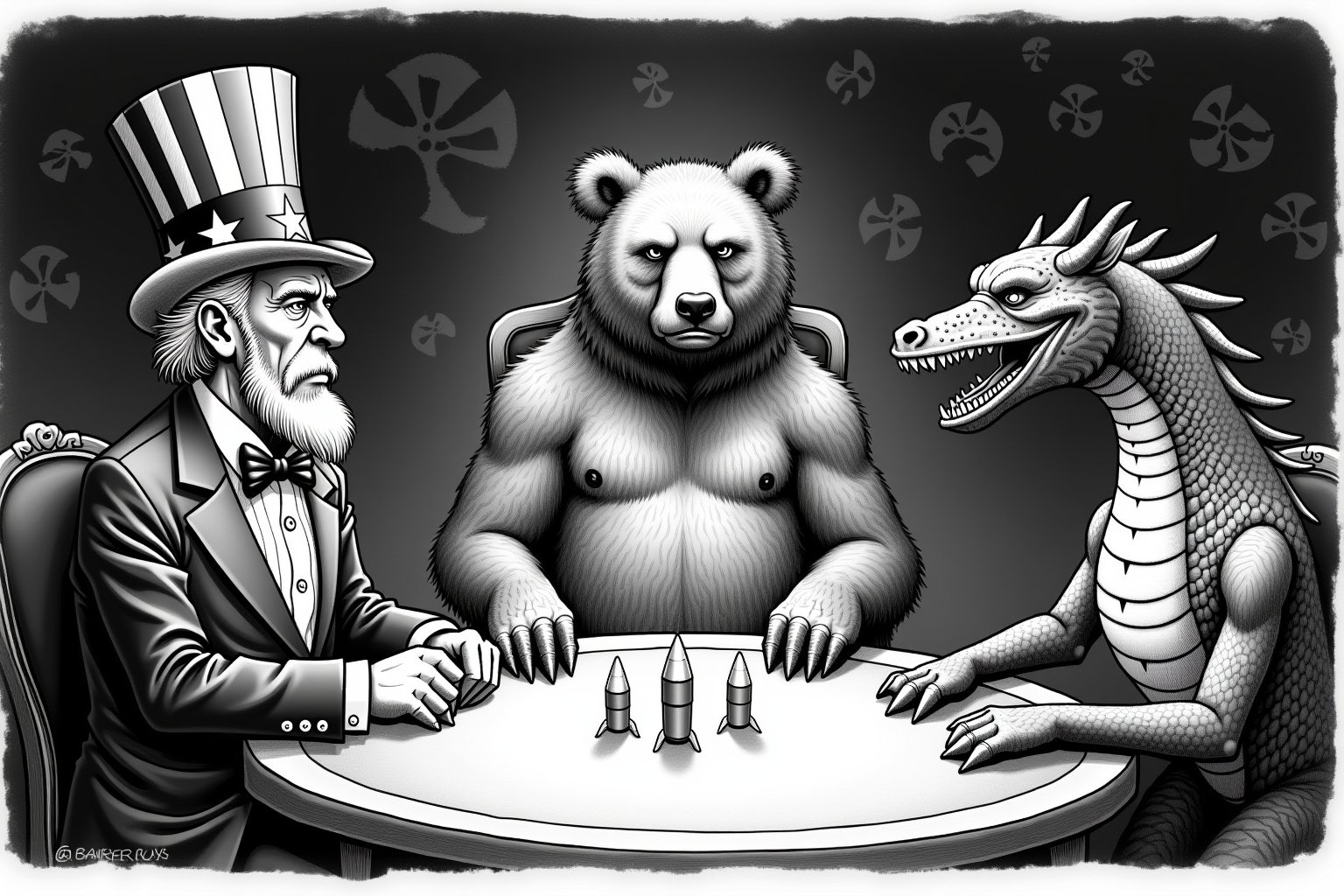 Create a satirical and symbolic B & W comic illustration titled 'Nuclear Poker,' featuring Uncle Sam, a large bear (representing Russia), and a dragon (representing China) seated around a poker table. They are engaged in an intense game, with miniature missiles in the center of the table as their stakes. Uncle Sam is on the leftwearing his iconic red, white, and blue outfit, the bear sits in the midle, hulking and serious. The dragon is on the right, poised and watchful. The setting is a dark, moody room, with a world map or nuclear warning signs subtly placed in the background. The overall tone should blend humor, symbolism, and geopolitical commentary