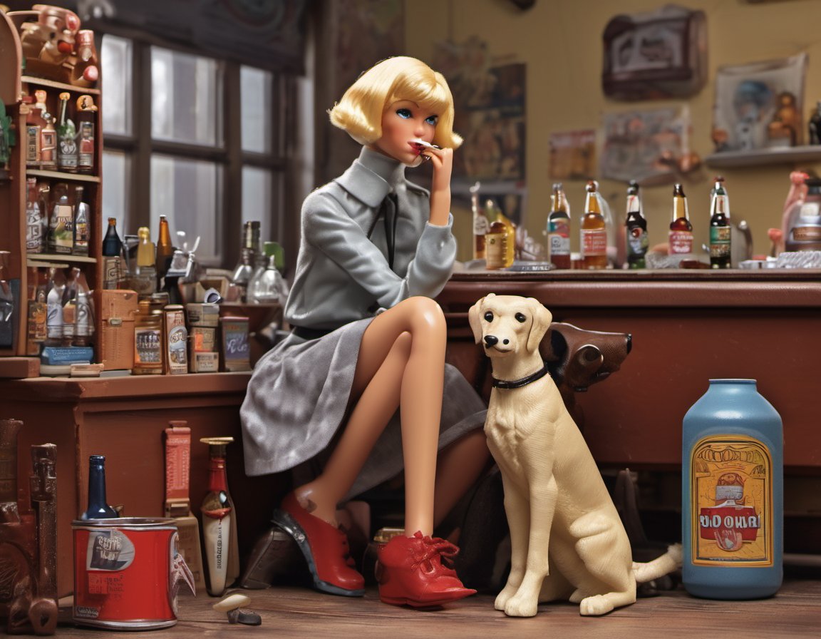 Action figure toy of a blonde female with bob haircut, smoking, wearing Mary Quant dress, grey tights flat shoes. pack of cigarettes , big dog white retriever, accessory and bottles of beer, sitting next to a round table bar
BREAK
Background is the toy box with label "Patxi", 