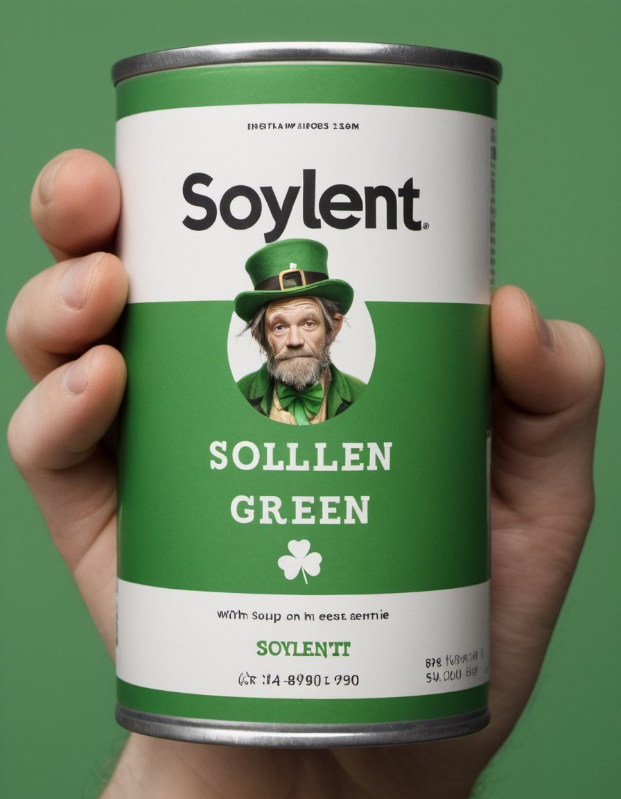 Photo of Canned Soup featuring a homeless Leprechaun with a sad expression, clutching a tiny, broken four-leaf clover. text logo "Soylent Green"