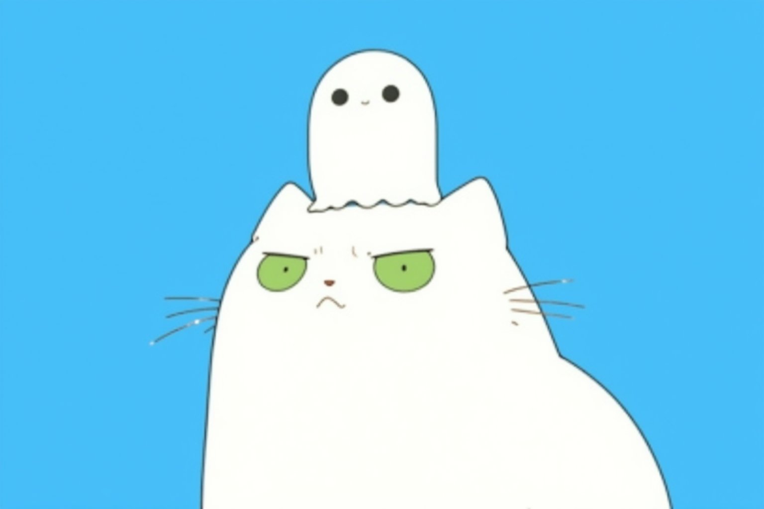 lyh_niji, anime. A white cat with green eyes and a funny expression, with a white ghost standing on its head, on a blue background. This comic-style illustration is in the style of Herge and Hayao Miyazaki,