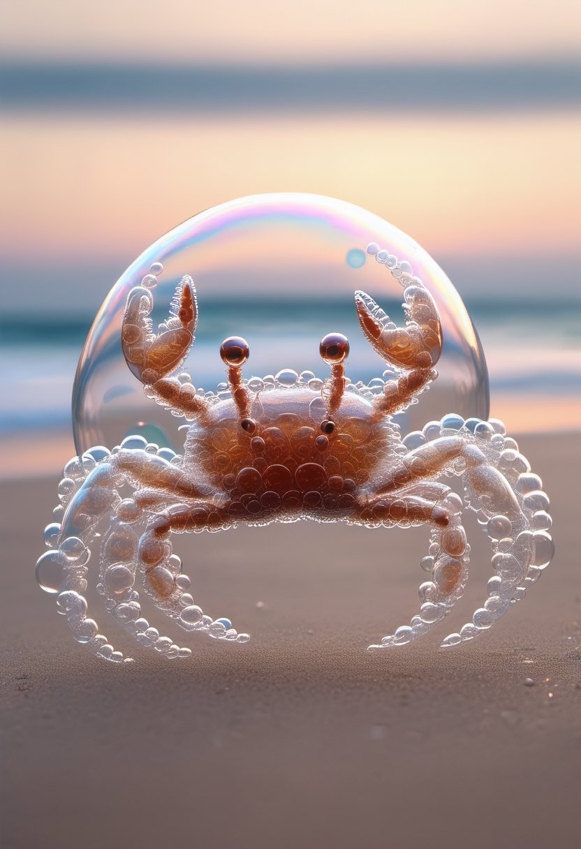 photorealistic fully transparent  crab made of soap bubbles, highly detailed, on the beach in front of the ocean, perfectly rendered