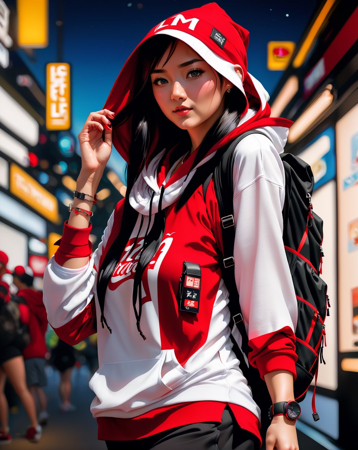 A gorgeous young girl wearing a white t-shirt, red over size hoodie open, hood off, red cap, and black scarf, black backpack, the original artist painting for the LXF book, in the style of Suehiro maruo, etam cru, dynamic action painting, irene sheri, punctured canvases, (Realistic), masterpiece, best quality, cinematic lighting, natural shadow, highest detail, professional photography, detailed background, insane details, intricate, aesthetic, subsurface scattering.    