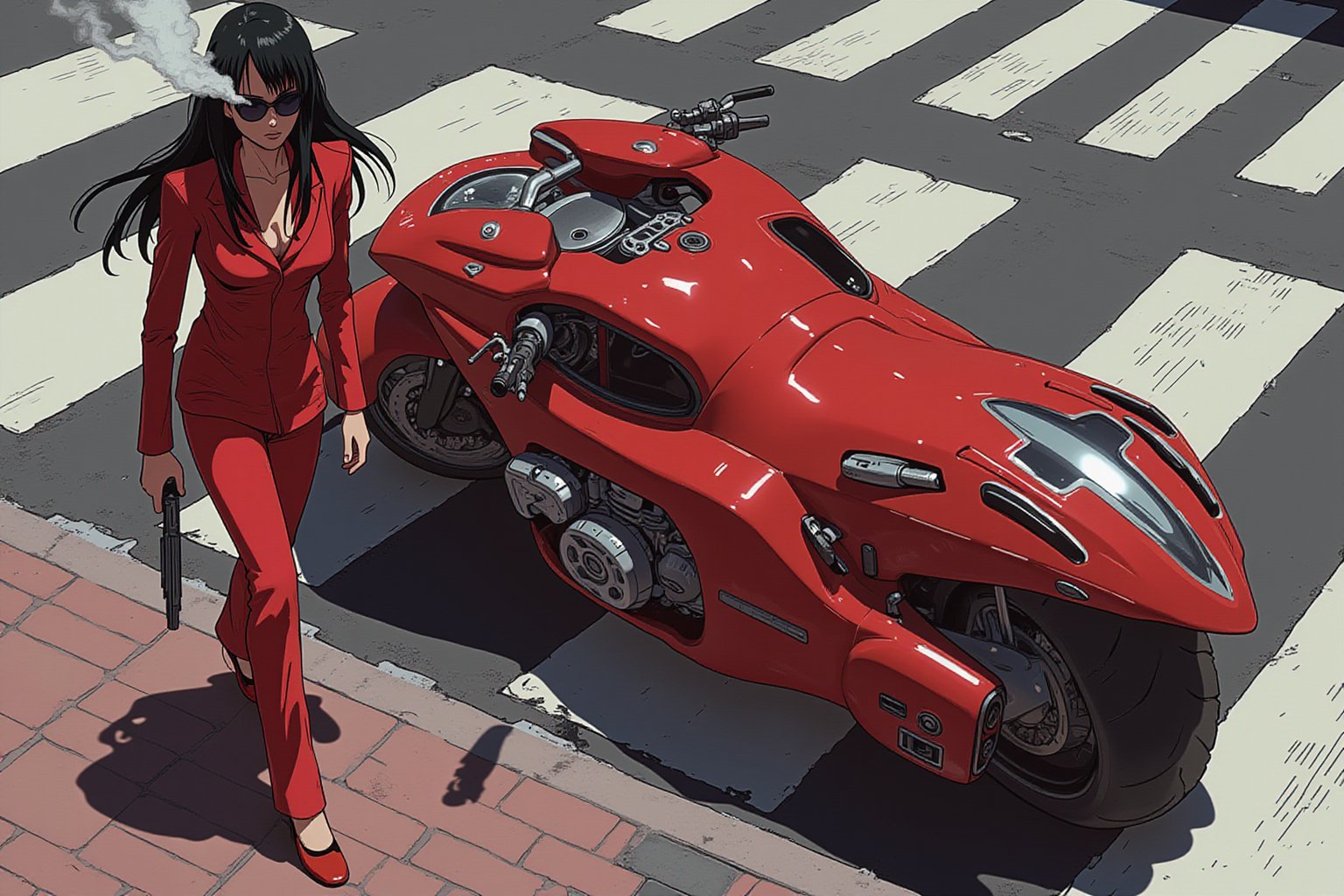 Anime style by Akira by Katsuhiro Otomo. Close-up overhead shot of a woman walking away from a futuristic motorcycle parked at a zebra crossing. She is smoking, has sblack hair, dons a red business suit, sunglasses, and holds a gun with a confident grip. The motorcycle itself is red, sleek and metallic, with intricate designs and a futuristic vibe.