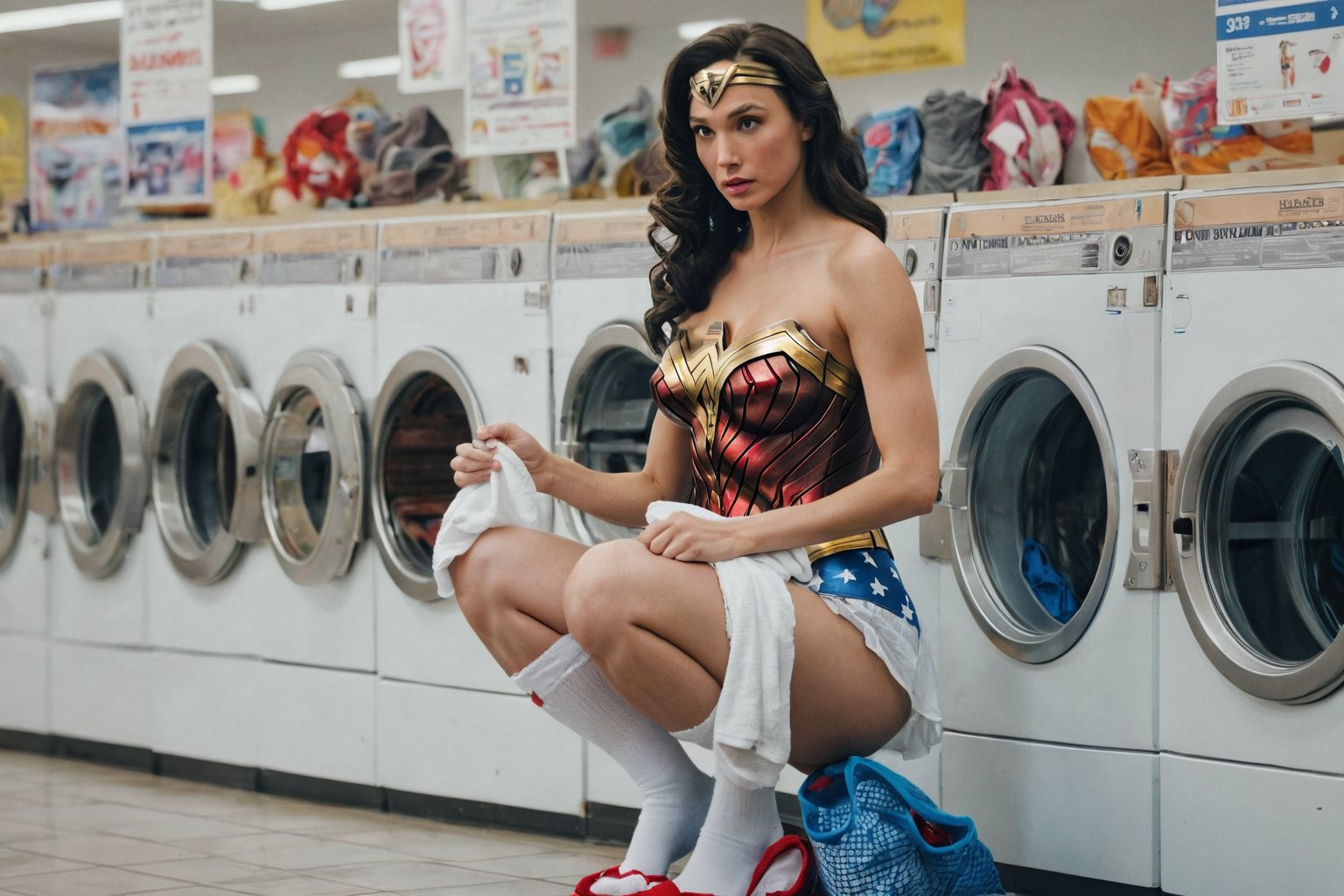 Photo of Wonder Woman, wearing white bras and  underwear and socks, waiting for her laundry to be done at a Laundromat.  The background have people talking and tending to their laundry.