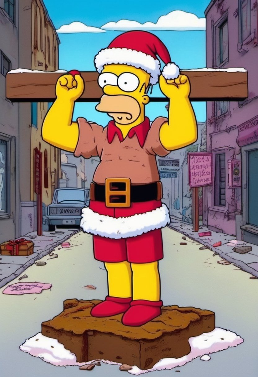 Homer simpson as Santa Claus crucified on the street with Rudolph the red-nosed reindeer 