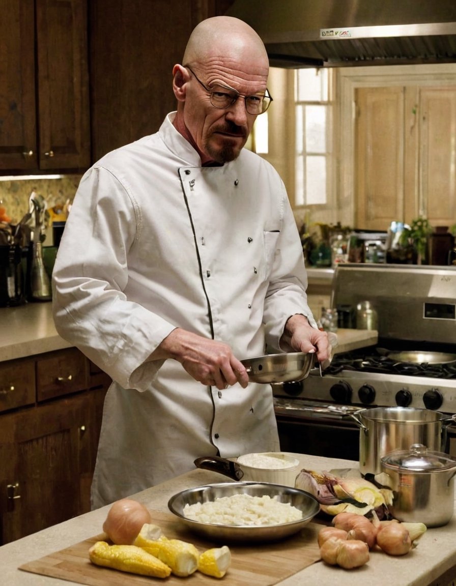Walter White dressed as a chef cooking dinner in the kitchen