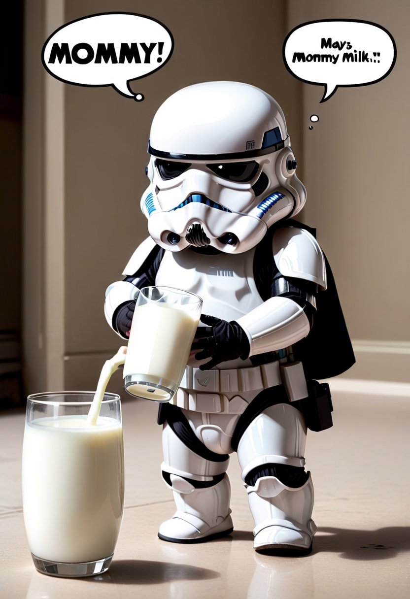 Baby Stormtrooper from Star Wars, drinking milk,  Comic strip speech bubble says "MOMMY". 