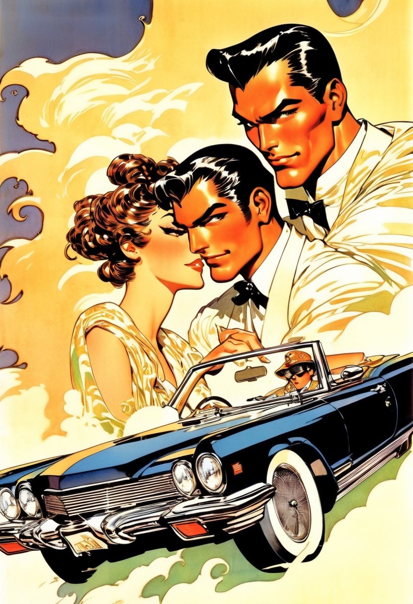 Couple crusing in a convertible, art by Masamune Shirow, art by J.C. Leyendecker