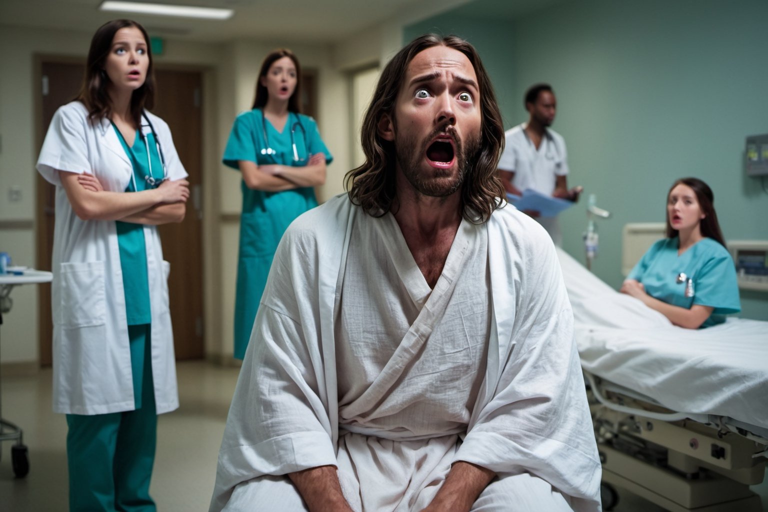 Jesus, wrapped in white linen, sitting up abruptly in a dimly lit hospital. His eyes are wide with surprise as those around him, doctor and nurses, with shocked and horrified expressions