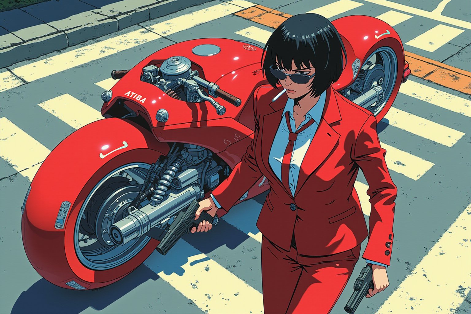 Anime style by Katsuhiro Otomo. Overhead shot of a woman walking away from a futuristic motorcycle parked at a zebra crossing. The woman has short black bob hair, is smoking. She wear a red business suit, white shirt, ties, and sunglasses. She holds a gun with a confident grip. The motorcycle itself is red, sleek and metallic, with intricate designs and a futuristic vibe.