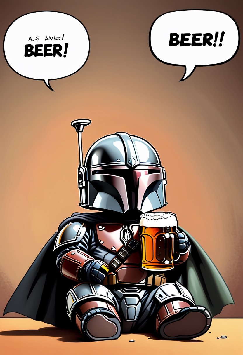 The Mandalorian as a Baby, drinking beer ,  Comic strip speech bubble says "BEER!". 