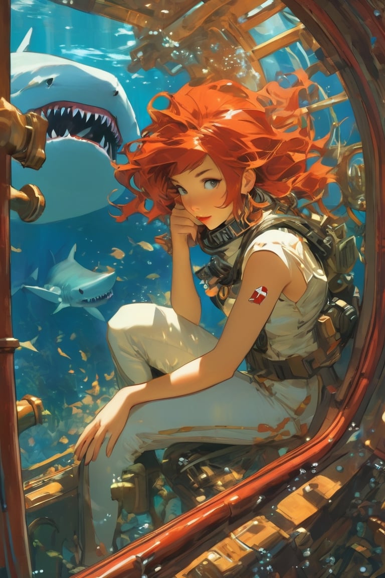 anime artwork, Girl, red head, sitting beside a large port hole, inside a submarine, underwater scene, sharks, art by J.C. Leyendecker . anime style, key visual, vibrant, studio anime, highly detailed