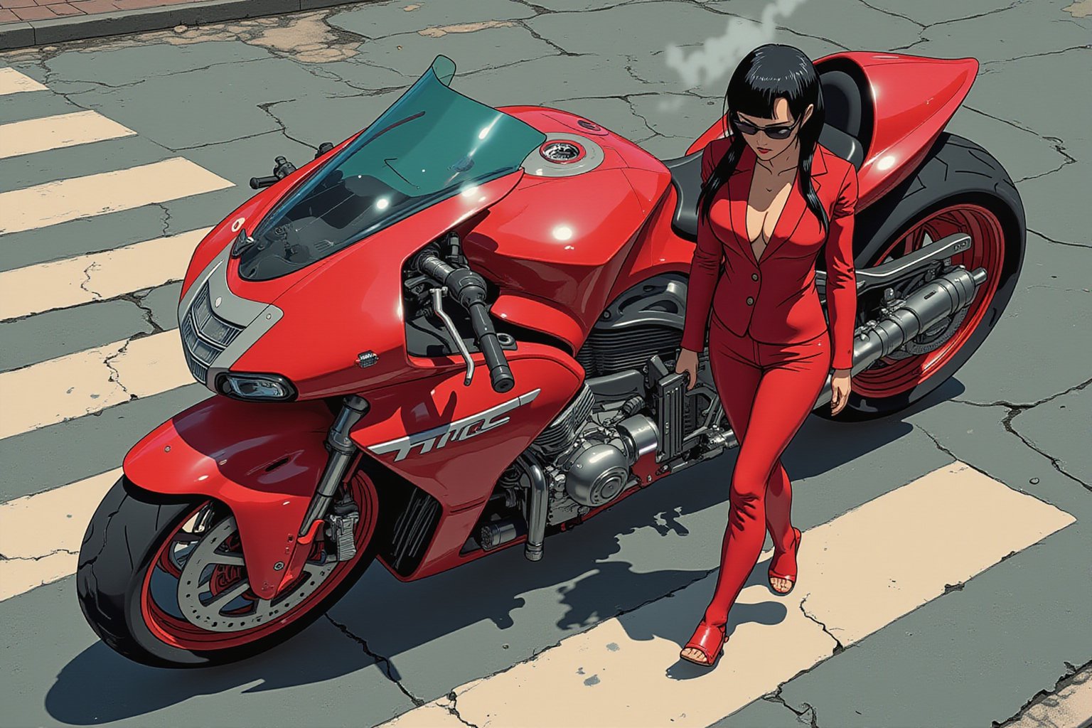 Anime style by Katsuhiro Otomo. Close-up overhead shot of a woman walking away from a futuristic motorcycle parked at a zebra crossing. She is smoking, has sblack hair, dons a red business suit, sunglasses, and holds a gun with a confident grip. The motorcycle itself is red, sleek and metallic, with intricate designs and a futuristic vibe.