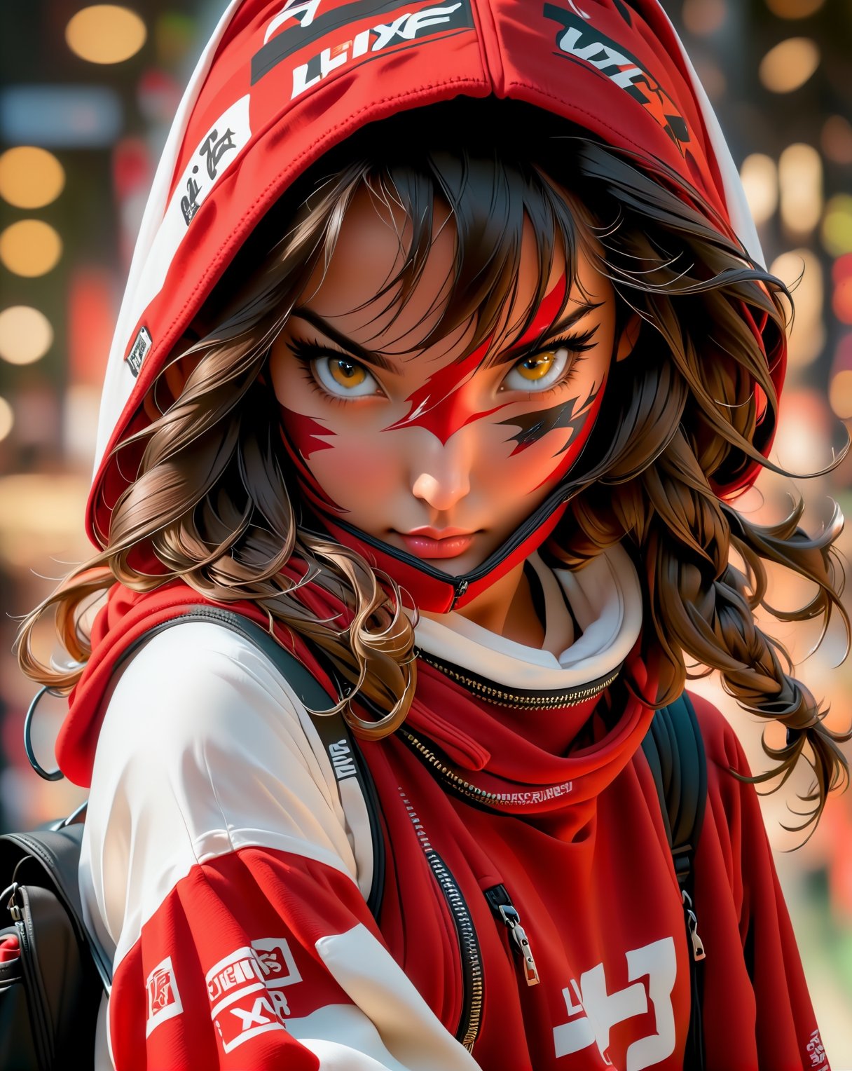 A gorgeous young girl wearing a white t-shirt, red over size hoodie open, hood off, red cap, and black scarf, black backpack, the original artist painting for the LXF book, in the style of Suehiro maruo, etam cru, dynamic action painting, irene sheri, punctured canvases, (Realistic), masterpiece, best quality, cinematic lighting, natural shadow, highest detail, professional photography, detailed background, insane details, intricate, aesthetic, subsurface scattering.    