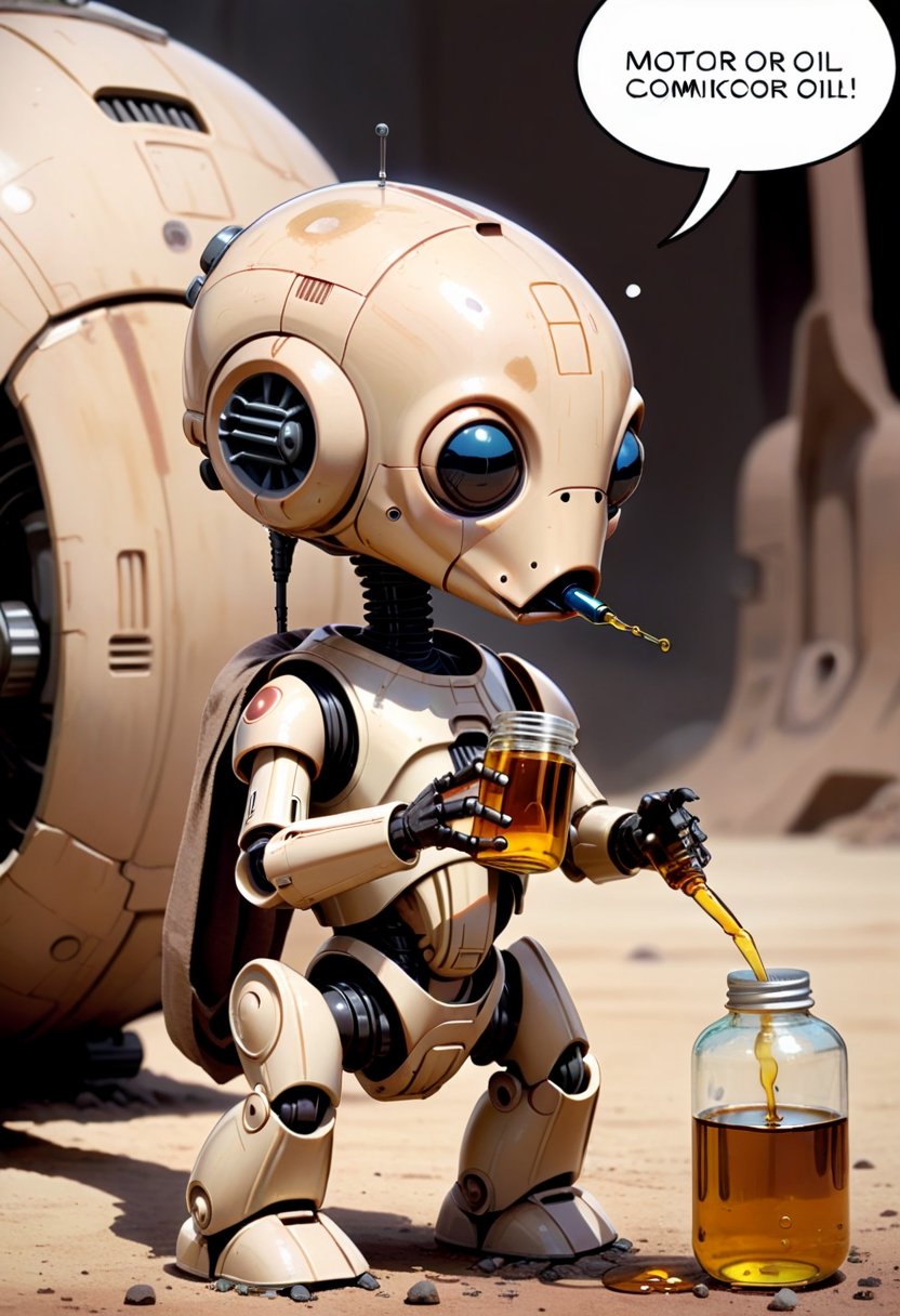 Baby Battle Droid from Star War Prequel, drinking oil ,  Comic strip speech bubble "MOTOR OIL!". 