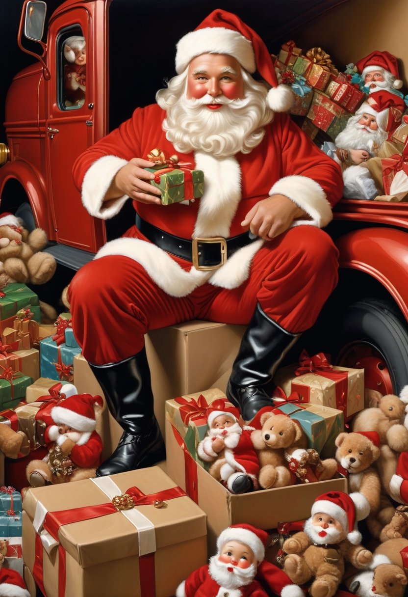 Photo a Santa Claus as Delivery truck driver, pile of toys behind him, art by J.C. Leyendecker, Canon 5d Mark 4, Kodak Ektar
