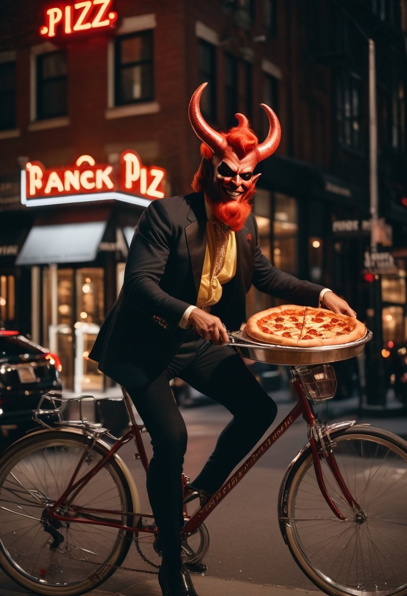 Photo a Satan riding bicycle delivery pizz in NYC, art by J.C. Leyendecker, Canon 5d Mark 4, Kodak Ektar, neon light