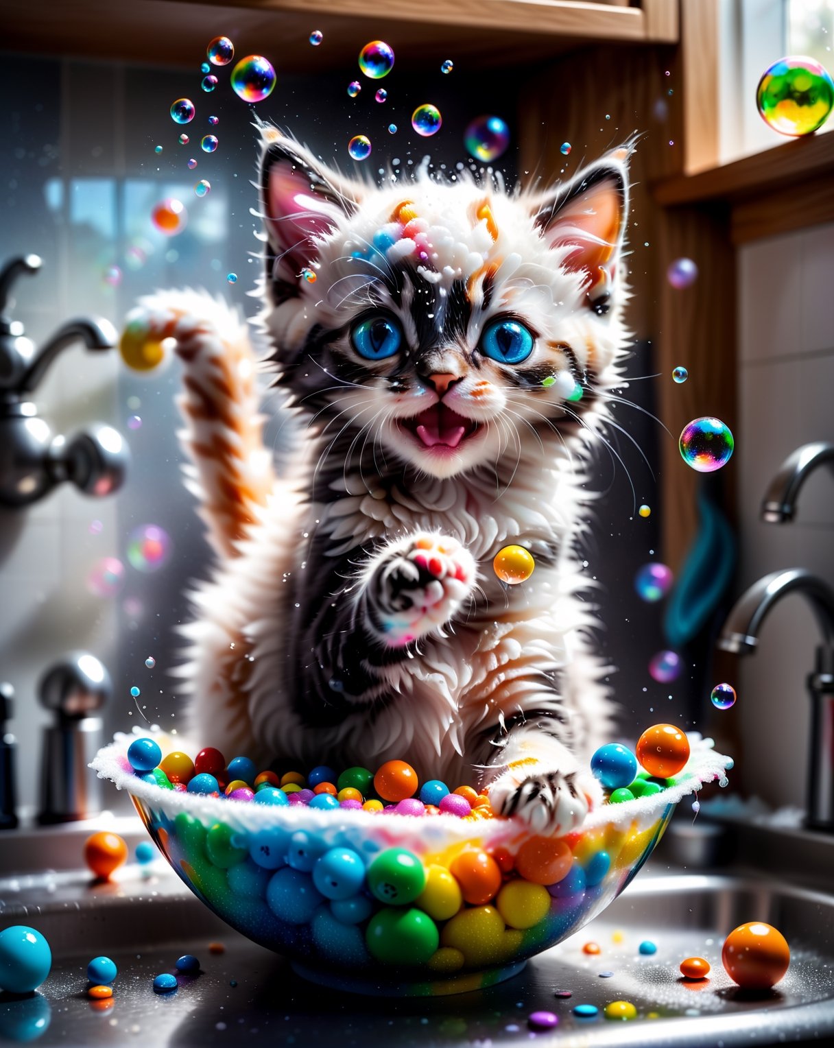 Made of bath foam and soap bubbles, photograph capturing a kitten, M&M out of a bowl, with sharp focus, vibrant colors, strong film grain, cinematic lighting,  dream, on the kitchen table near the sink, sunny