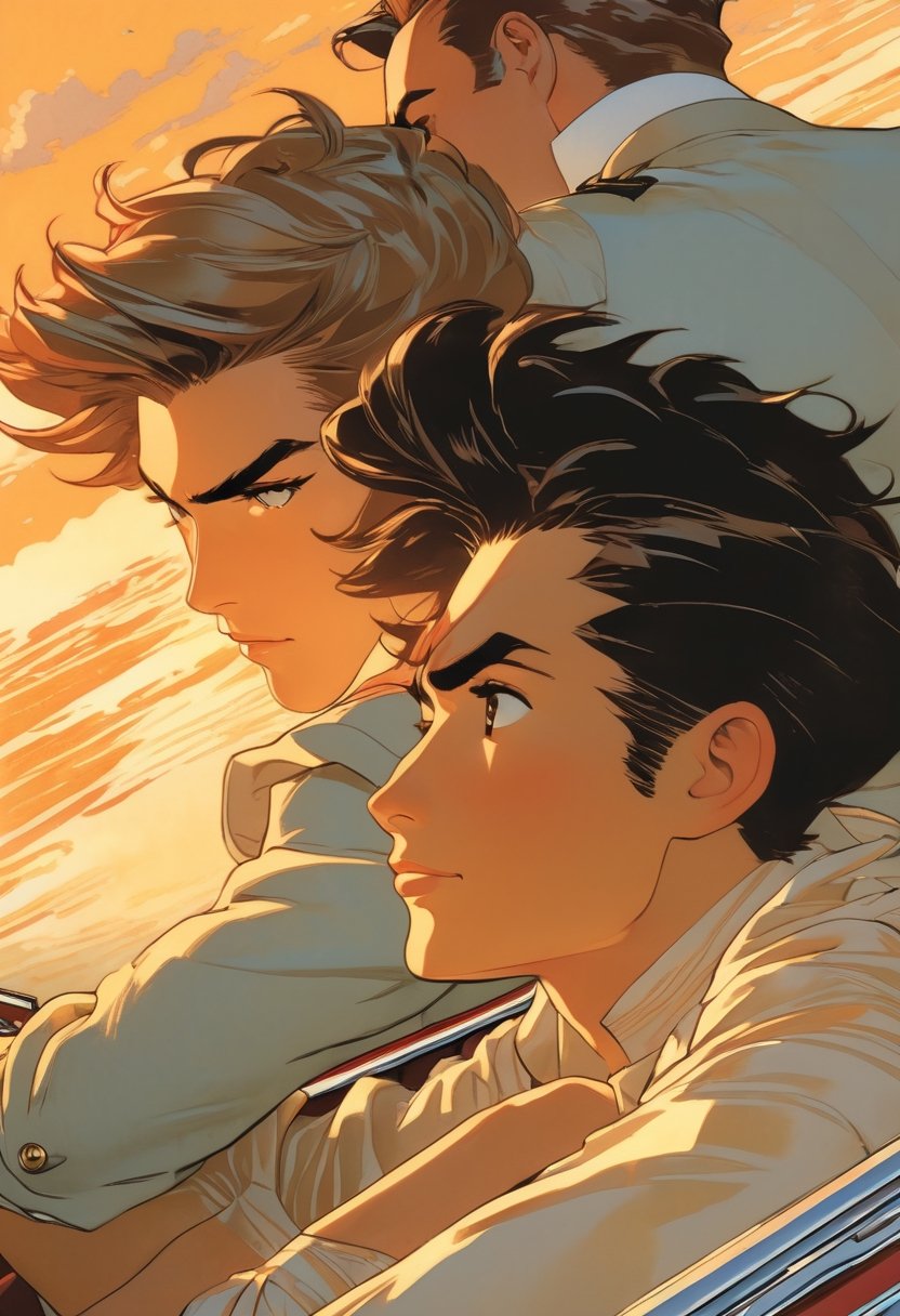 Close up. Couple crusing in a car, art by Makoto Shinkai, art by J.C. Leyendecker