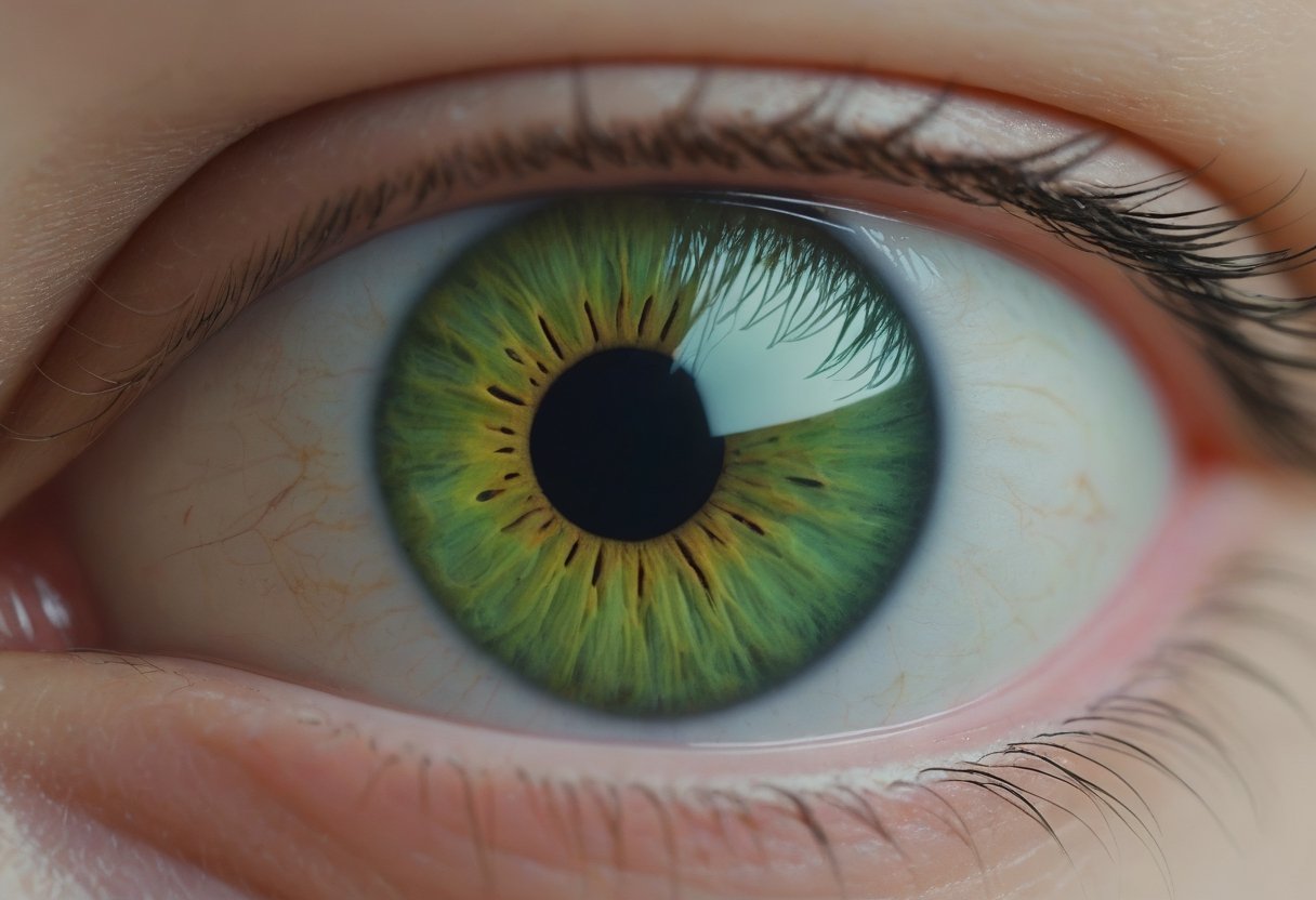 Close shot of a green eye with an open pupil