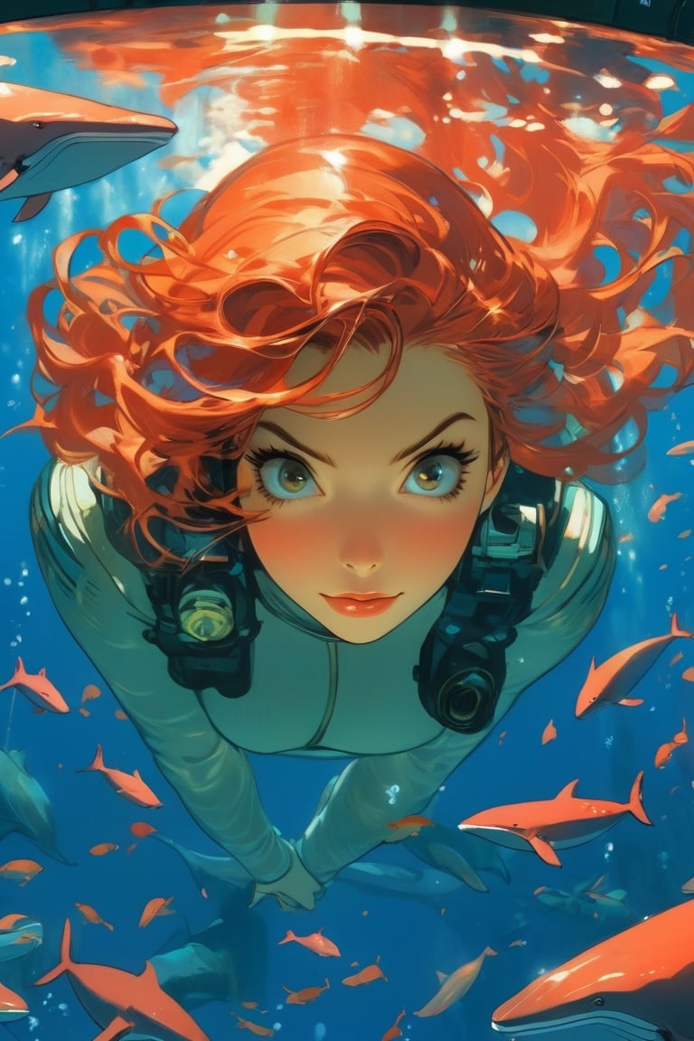 anime artwork, Girl, red head, sitting beside a large port hole, inside a submarine, underwater scene, whales, art by J.C. Leyendecker . anime style, key visual, vibrant, studio anime, highly detailed