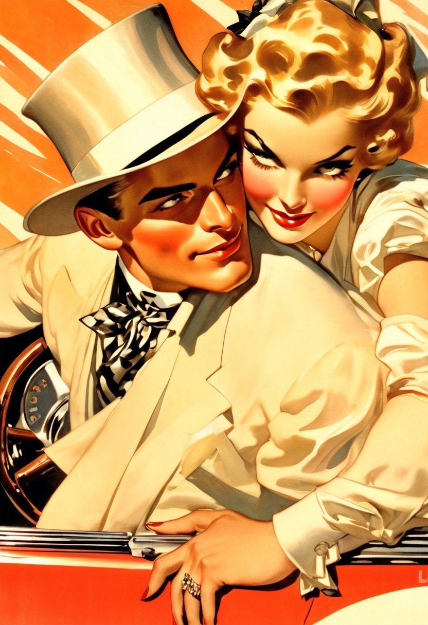 Close up. Couple crusing in a car, art by J.C. Leyendecker