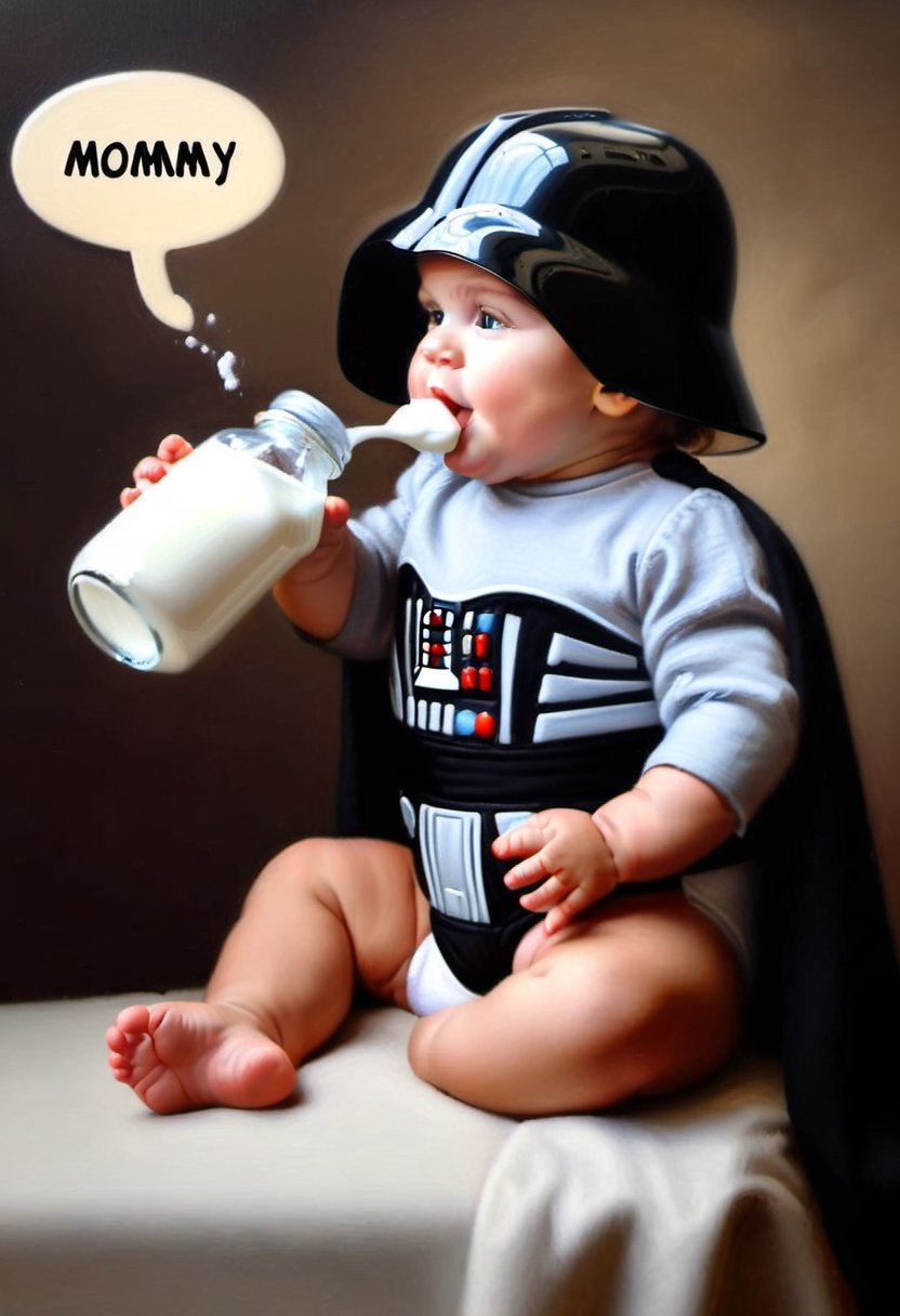 Photo of Baby wearing Darth Vader Helmet, sucking on a bottle of milk,  Speech bubble spells the word "MOMMY". ,oil painting