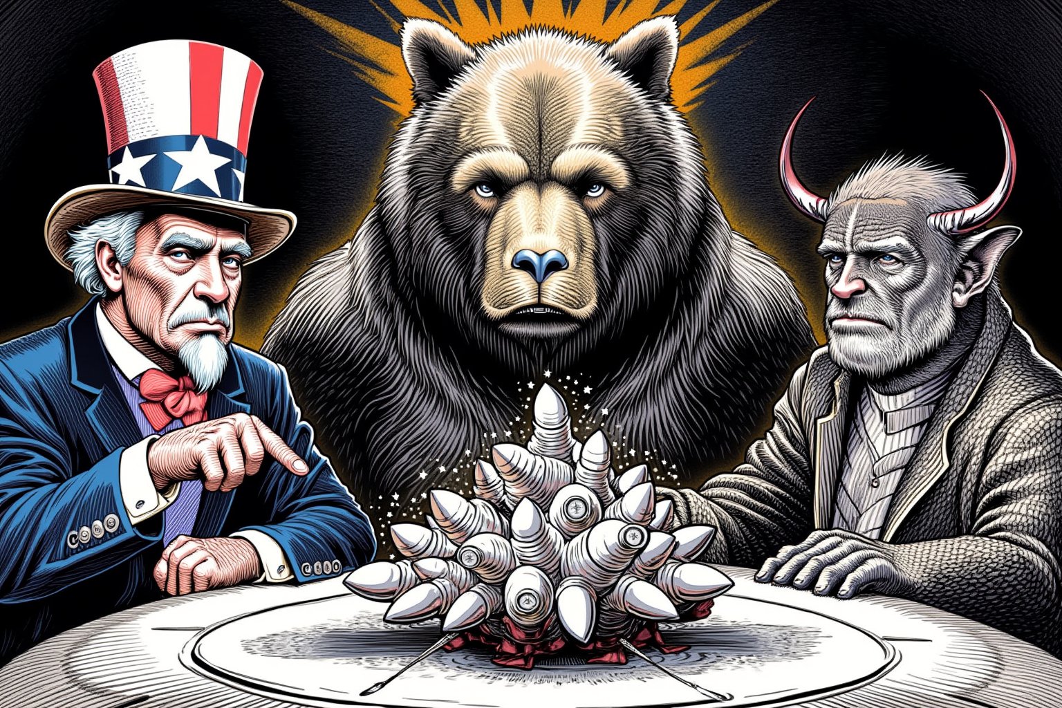 BALLPOINT PEN PAINTING. Create a satirical and symbolic illustration titled 'Nuclear Poker,' featuring Uncle Sam, a large bear (representing Russia), and a dragon (representing China) seated around a poker table. They are engaged in an intense game, with a large pile of miniature missiles in the center of the table as their stakes. Uncle Sam is on the leftwearing his iconic red, white, and blue outfit, the bear sits in the midle, hulking and serious. The dragon is on the right, poised and watchful. The setting is a dark, moody room, with a world map or nuclear warning signs subtly placed in the background. The overall tone should blend humor, symbolism, and geopolitical commentary,