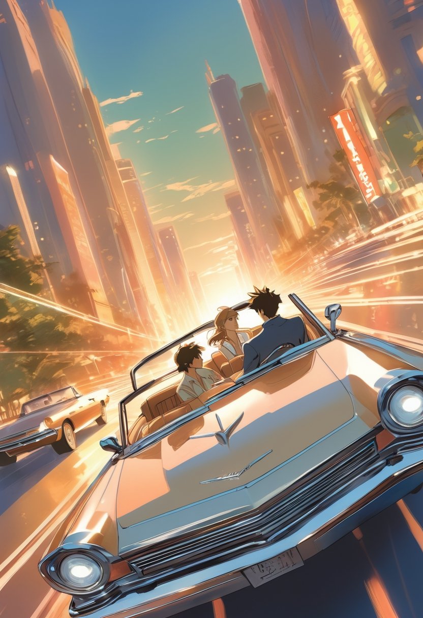 Anime artwork. Couple crusing in a convertible, art by Makoto Shinkai, art by J.C. Leyendecker, anime style, key visual, vibrant, studio anime,  highly detailed