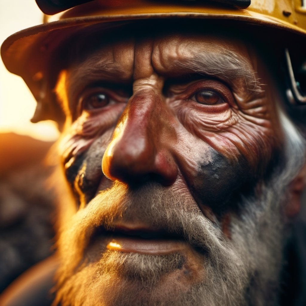 An extreme closeup shot of an old coal miner, and face illuminated by the golden hour