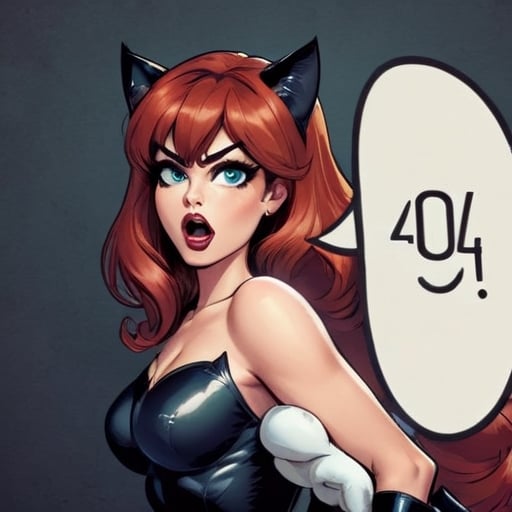 "40 4" TEXT LOGO. Cat Woman,  mouth open. Comic strip speech bubble "40 4",  TEXT LOGO, TEXT,TEXT LOGO