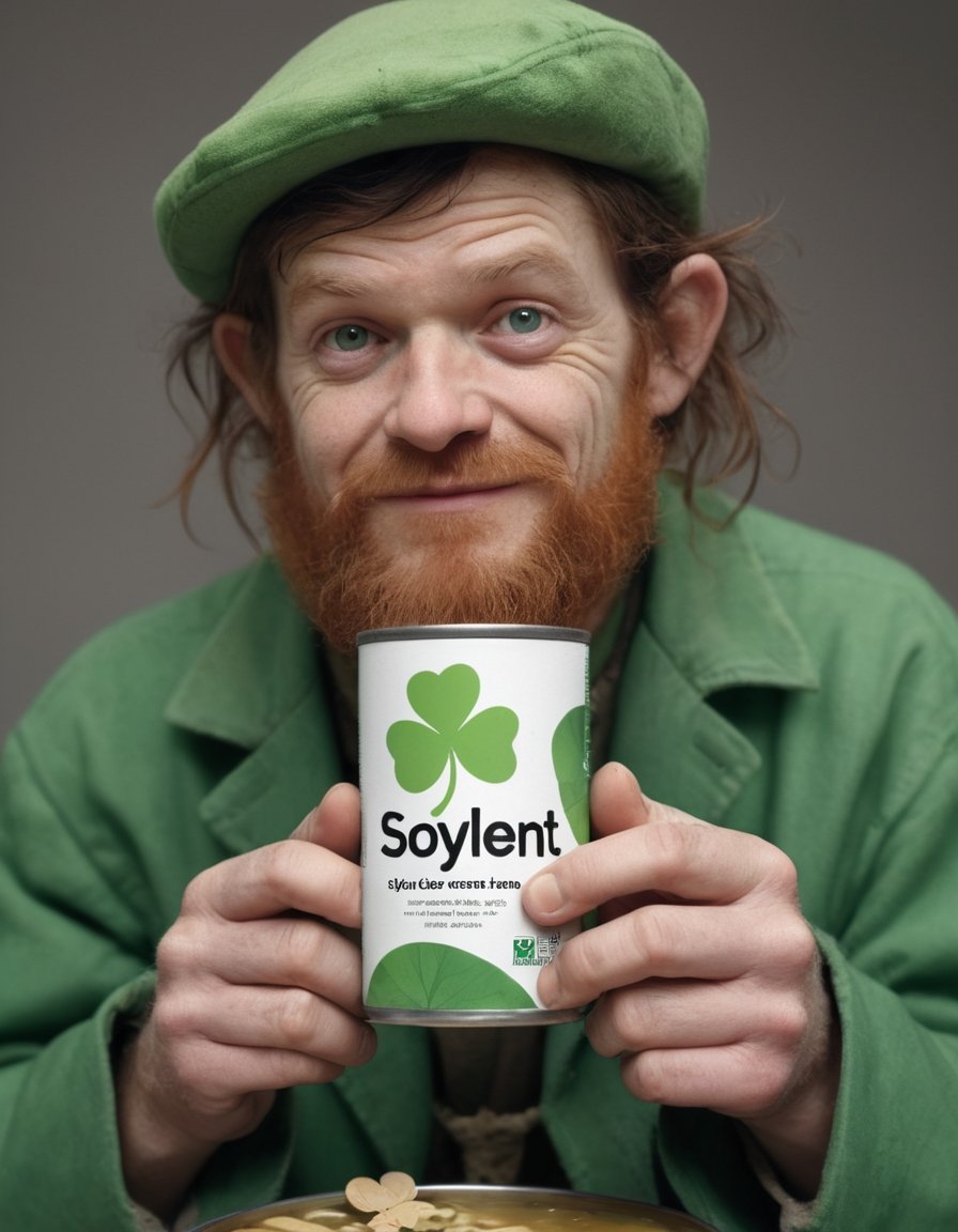 Photo of Canned Soup featuring a homeless Leprechaun with a sad expression, clutching a tiny, broken four-leaf clover. text logo "Soylent Green"