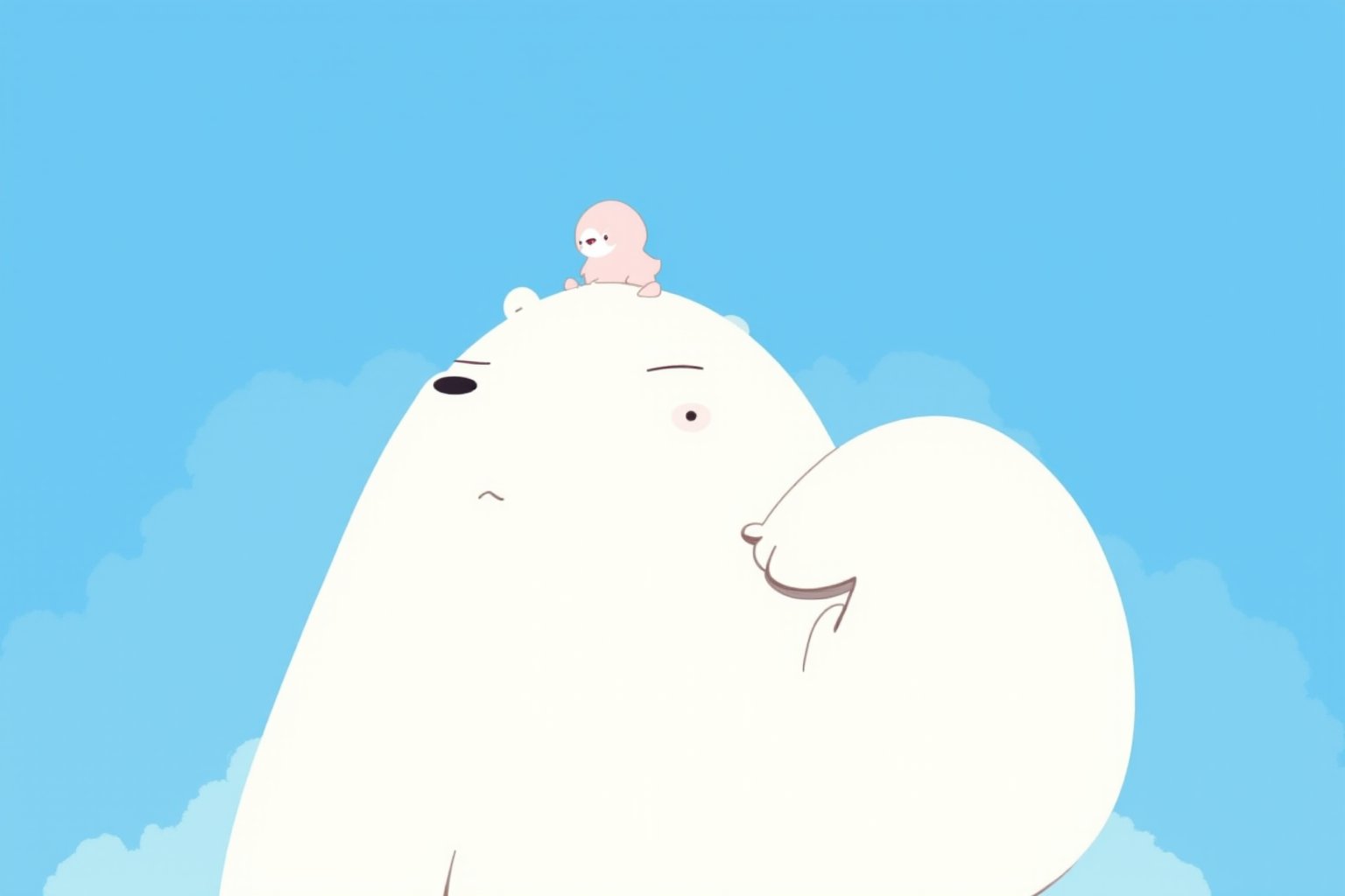 Prompt: Anime style. A polar bear with  a funny expression, with a baby pinguin standing on its head, on a blue background. This comic-style illustration is in the style of Herge and Hayao Miyazaki,